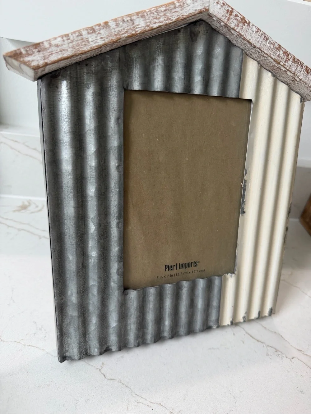 Pier 1 House-Shaped Corrugated Metal Photo Frame in Gray & Cream
